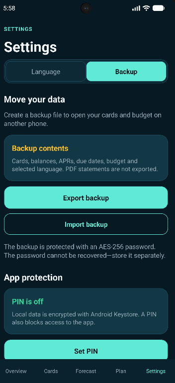 DebtExit encrypted backup settings