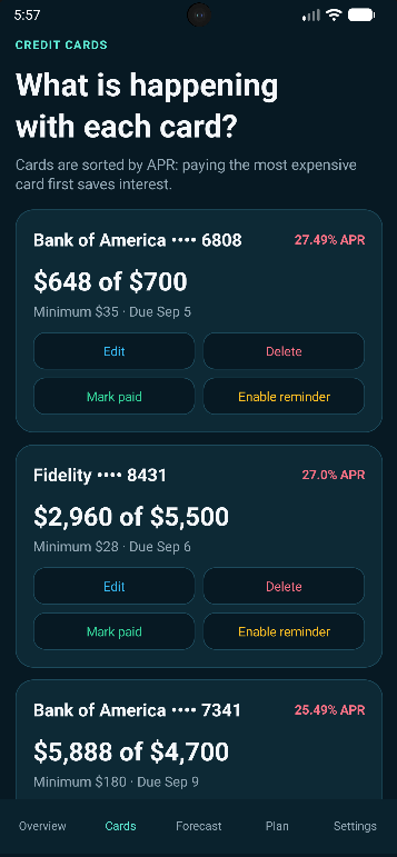 DebtExit credit card list