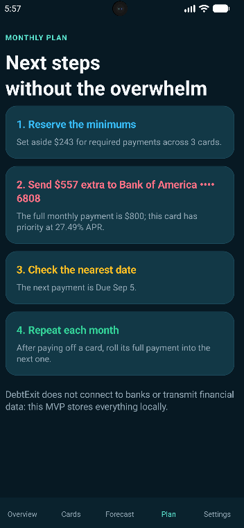 DebtExit monthly payoff plan