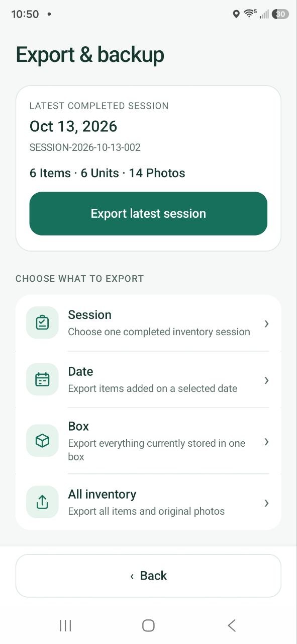 FastStock export and backup options
